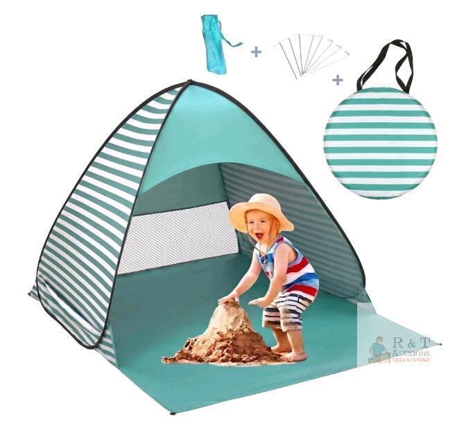 NEW VASLON Pop-Up Beach Tent, 2-3 Person Capacity, UPF 50+, Water-Resistant, Teal/Gray Stripes