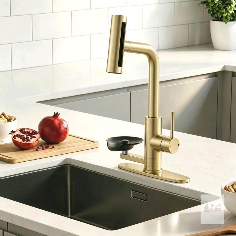 New - Beilun Brushed Gold Pull Down Kitchen Faucet With Integrated Glass Rinser And Waterfall Mode