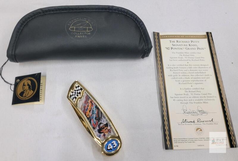 Franklin Mint Richard Petty Signature Knife '92 Pontiac Grand Prix, Gold Accents, COA, Pouch