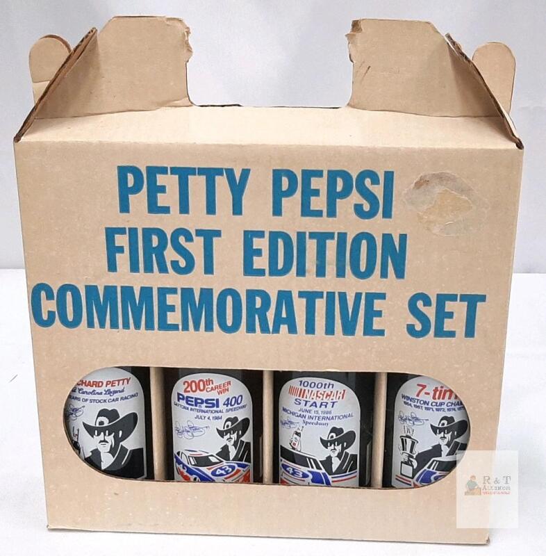 Pepsi Petty 1st Edition Commemorative NASCAR Glass Bottles Set 1986, 12oz, Full, Boxed