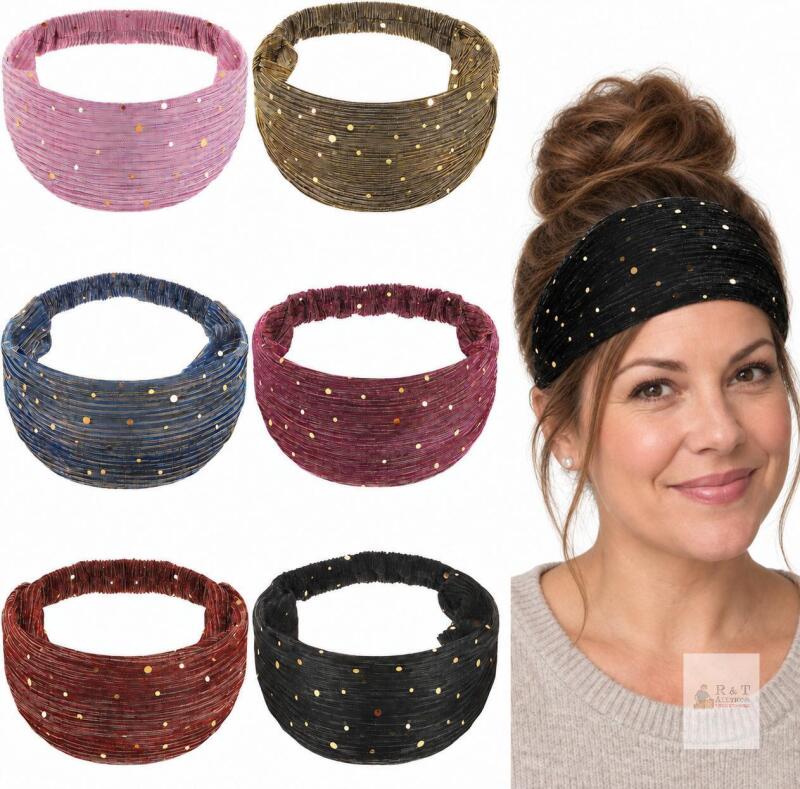 New 6 Pcs Boho Bling Sequin Headbands - Wide Stretchy African Head Wraps, Elastic Turban Headbands