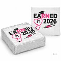 NEW 100-Pc &ldquo;Earned It 2026&rdquo; Nursing Graduation Party Napkins &ndash; Pink/Black