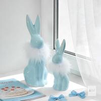 NEW IN BOX DECONATION 2PCS Easter Bunny Figurine Decoration, Blue Ceramic Rabbit Statues with White Fluff on Neck, Porcelain Bunnies