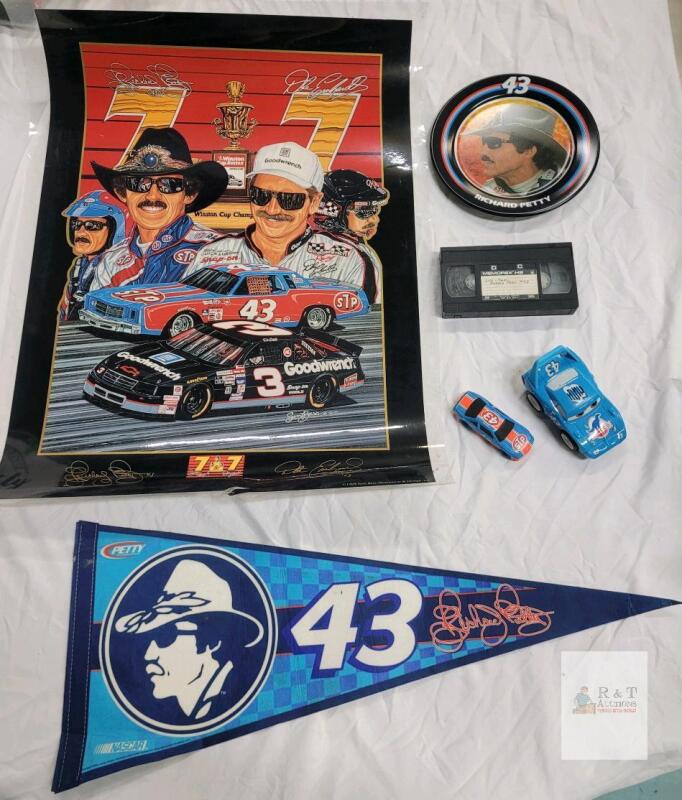 Richard Petty #43 NASCAR Collectibles Lot - Poster, Plate, Pennant, STP & Dinoco Cars, VHS