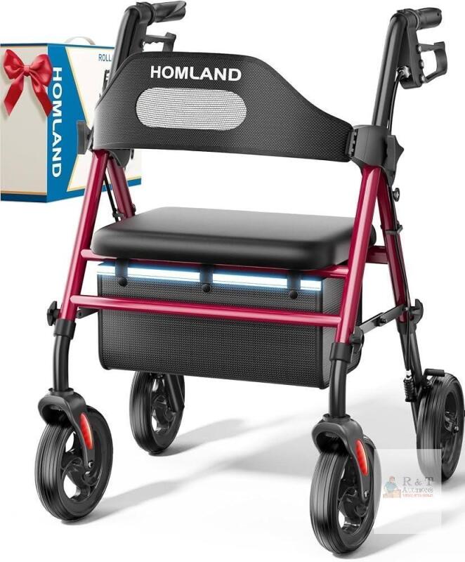 NEW HOMLAND Folding Rollator Walker with Seat, 350 lb Capacity, Red