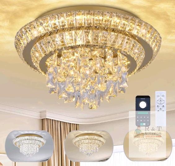 NEW 18" Gold K9 Crystal Flush Mount Chandelier, Dimmable LED with Remote/App Control
