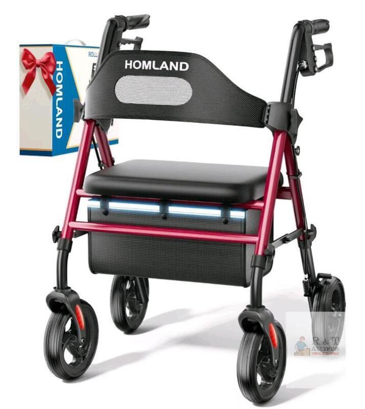 NEW HOMLAND R2 Foldable Rollator Walker, 350 lb Capacity, Adjustable Seat & Handle Heights, 8" Wheels