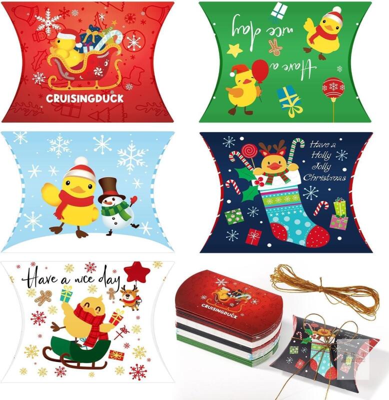 New 30pcs Christmas Pillow Boxes, 5 Styles Christmas Cookie Box Small Gift Card Money Holder Boxes Print Treat Pillow Box Pillow Candy Box with Gold Twine