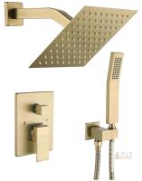 NEW Brushed Gold Square Rainfall Shower System Set with Handheld, 2-Function Valve, Wall Mount