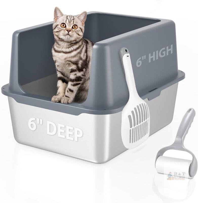 NEW High-Sided Cat Litter Box 17.5"x13.5"x12", Scoop, Lint Roller, Grey/White, Splash Guard