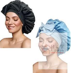 New Satin Silk Hair Bonnets for Sleeping - Large Bonnets with Tie Band, Adjustable Straps - Night Sleep Caps for Women - Curly Braid Hair (Black, Sky Blue)