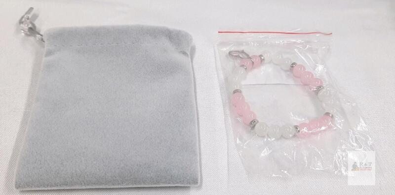 Pink and White Beaded t Bracelet with Keychain Clasp & Pouch, Glass/Acrylic, 7.1"