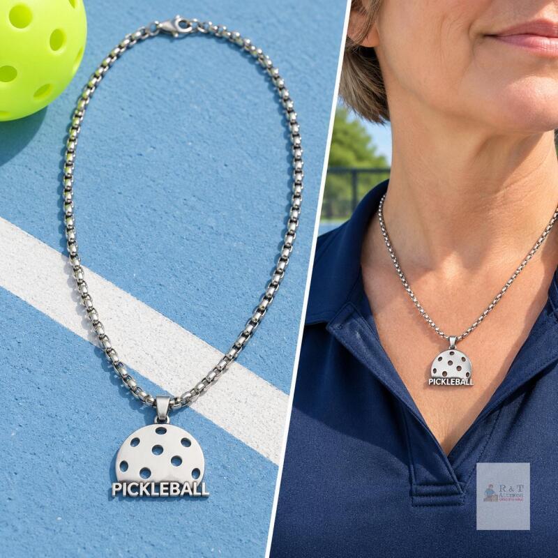 New NEW Silver-Tone Pickleball Pendant Necklace, Sports Lover Gift Jewellery