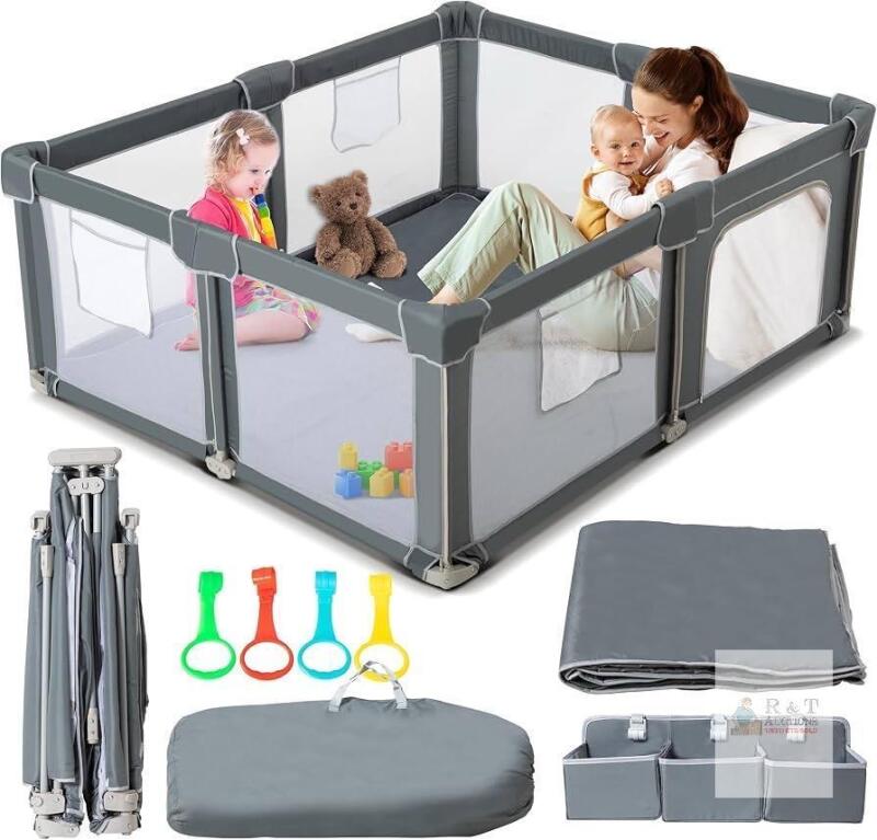 NEW Large Foldable Baby Playpen AZ2036-B, Grey, 72"x60", Mesh Sides, Mat, Pull-Up Rings, Storage Bags
