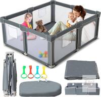 NEW Large Foldable Baby Playpen AZ2036-B, Grey, 72"x60", Mesh Sides, Mat, Pull-Up Rings, Storage Bags