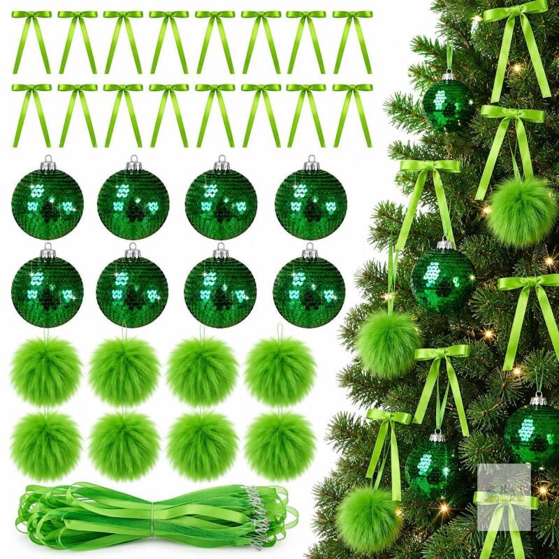 New QY- Poen 64 Pcs Christmas Tree Ornaments Set 48 Velvet Christmas Tree Bows 16 Shatterproof Xmas Balls 2.36 ' Plush Sequins Ball 7 ' Vintage Bow For Home Xmas Party Winter Supplies Purple