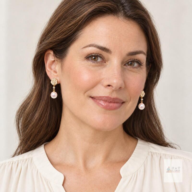 New Erimberate Gold-Tone Ivory Flower & Faux Pearl Drop Earrings with Clear Rhinestones, Pierced Pair