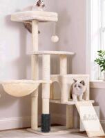 new Heybly HCT005SM Cat Tree 42.5" with Groomer, Condo, Hammock, Scratching Posts, Beige