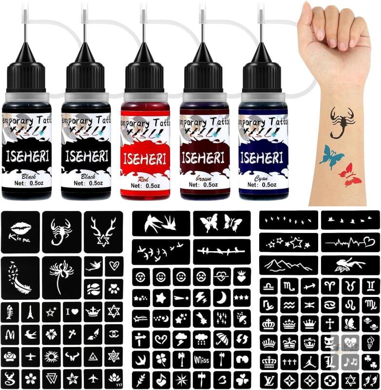 New ISEHERI Temporary Tattoo Kit 5 Bottles Color Inks,115 Pcs Stencils Kit for Body Paint DIY Fake Tattoos for Kids(black*2, brown, red, cyan)