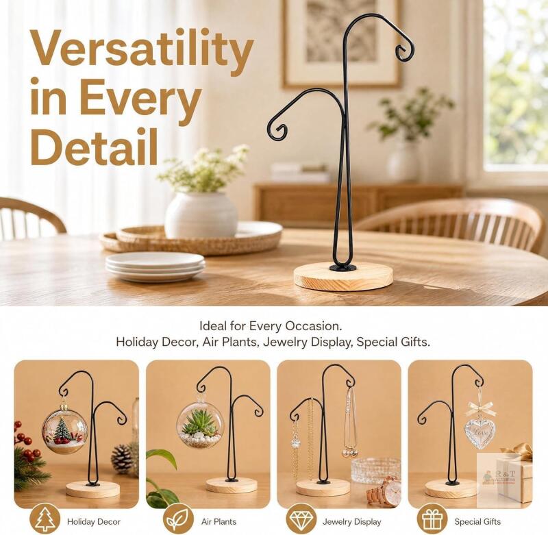 NEW WRINGKIT 4 Pack Ornament Display Hanger Stand, Wood Base, Double Hook-Style- STAND ONLY