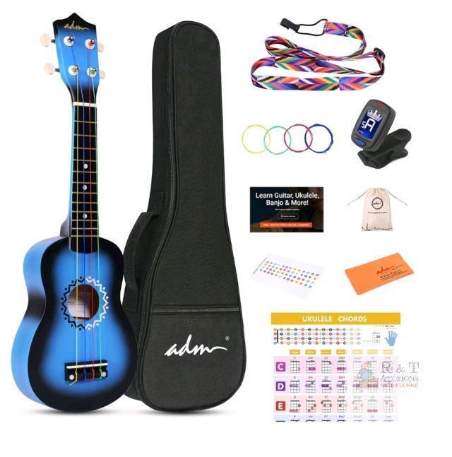 NEW ADM JU11ON-21-BBR Soprano Ukulele 21-Inch Blueburst, 4 Strings, Basswood, With Accessories