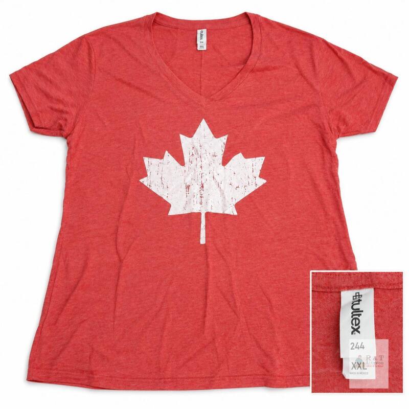 New Tultex Women&rsquo;s Distressed Canada Maple Leaf V-Neck T-Shirt, Heather Red, Size XXL