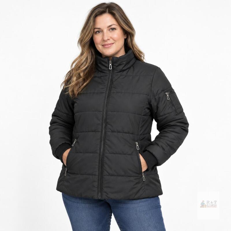 SIZE L Women&rsquo;s Black Quilted Puffer Jacket &ndash; Stand Collar, Ribbed Cuffs & Zippered Pockets