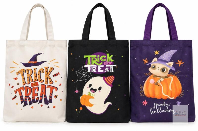 NEW 15.5" 3-Piece Halloween Canvas Tote Bag Set &ndash; Assorted Designs- double sided