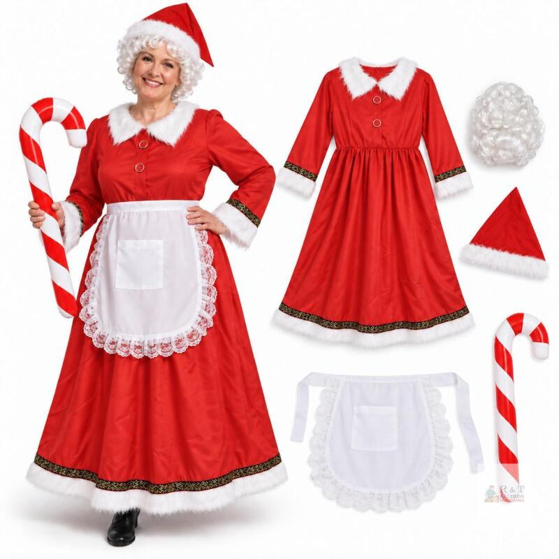 NEW Women&rsquo;s XL 5-Piece Traditional Mrs. Claus Costume Set with Dress, Apron, Pointed Hat & Inflatable Candy Cane &ndash; FF2747-XL