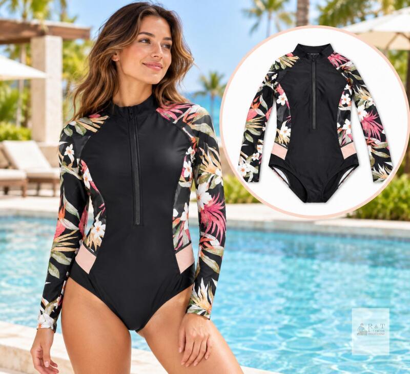 NEW AONIHUA Size Small Women&rsquo;s Long-Sleeve One-Piece Rash Guard Swimsuit &ndash; Black Floral