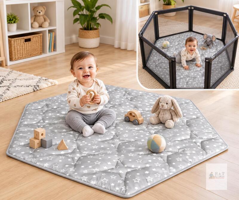 NEW Retail $75.56 &ndash; Moonsea 59&Prime; Hexagon Padded Baby Play Mat, Grey Star Print, Non-Slip &ndash; Fits POP &rsquo;N GO or Floor Use