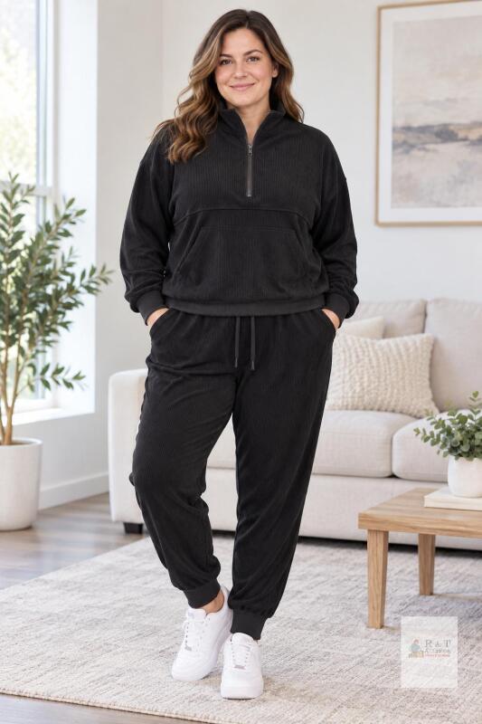 NEW XL JANPRINT Women&rsquo;s Black Ribbed 2-Piece Quarter-Zip Lounge Tracksuit Set