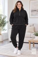 NEW XL JANPRINT Women&rsquo;s Black Ribbed 2-Piece Quarter-Zip Lounge Tracksuit Set