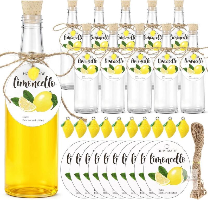 New Vesici 10 Set 11oz Limoncello Plastic Bottle with Cork Lids Mini Resin Lemon and Label for Limoncello Homemade Brewing DIY Long Neck Bottles for Christmas Wedding Bridal Shower Gifts(Round Hangtag)