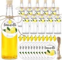 New Vesici 10 Set 11oz Limoncello Plastic Bottle with Cork Lids Mini Resin Lemon and Label for Limoncello Homemade Brewing DIY Long Neck Bottles for Christmas Wedding Bridal Shower Gifts(Round Hangtag)