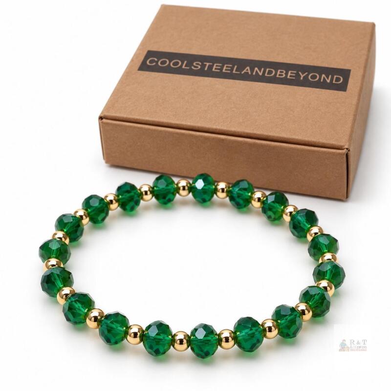 NEW COOLSTEELANDBEYOND Women&rsquo;s Green Crystal Beaded Stretch Bracelet &ndash; Gold-Tone Boho Chic