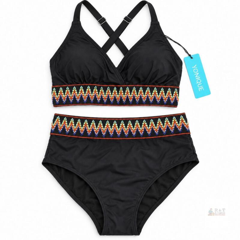 New Size 16 WNEW YONIQUE Black High-Waisted Bikini Set with Multicolour Embroidered Trim