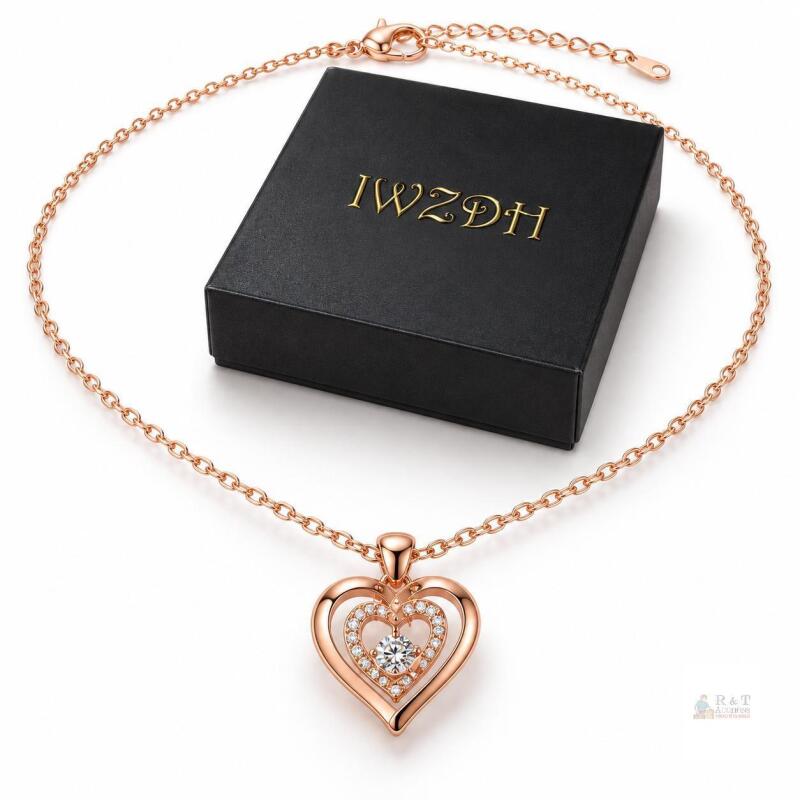 NEW IWZDH Rose Gold-Tone Double Heart Dancing Moissanite Pendant Necklace with Gift Box