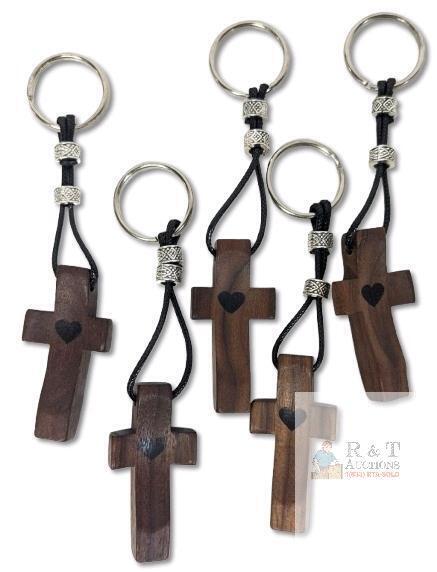 New 5-Pack Black Walnut Wood Crosses Keychains, Crosses 2", Gifts For Parishioners Bible Study Missionary Work