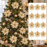 Set of 12 Gold Glitter Poinsettia Christmas Picks, 8.6"