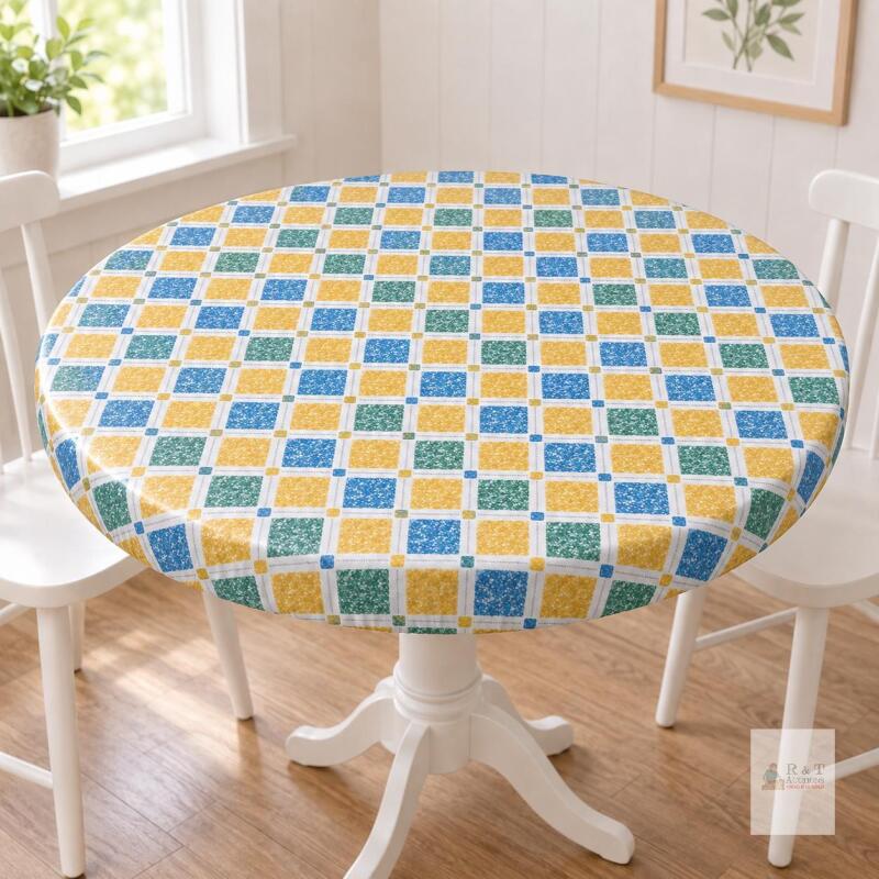 New Round Fitted Tablecloth with Elastic Edge,Water-Resistant Wipeable Fits32-36" tables