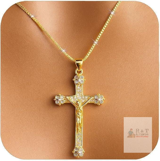 NEW DVISUV 14K Gold-Plated Cubic Zirconia Crucifix Necklace &ndash; 18+2" Adjustable Chain, Gift Boxed