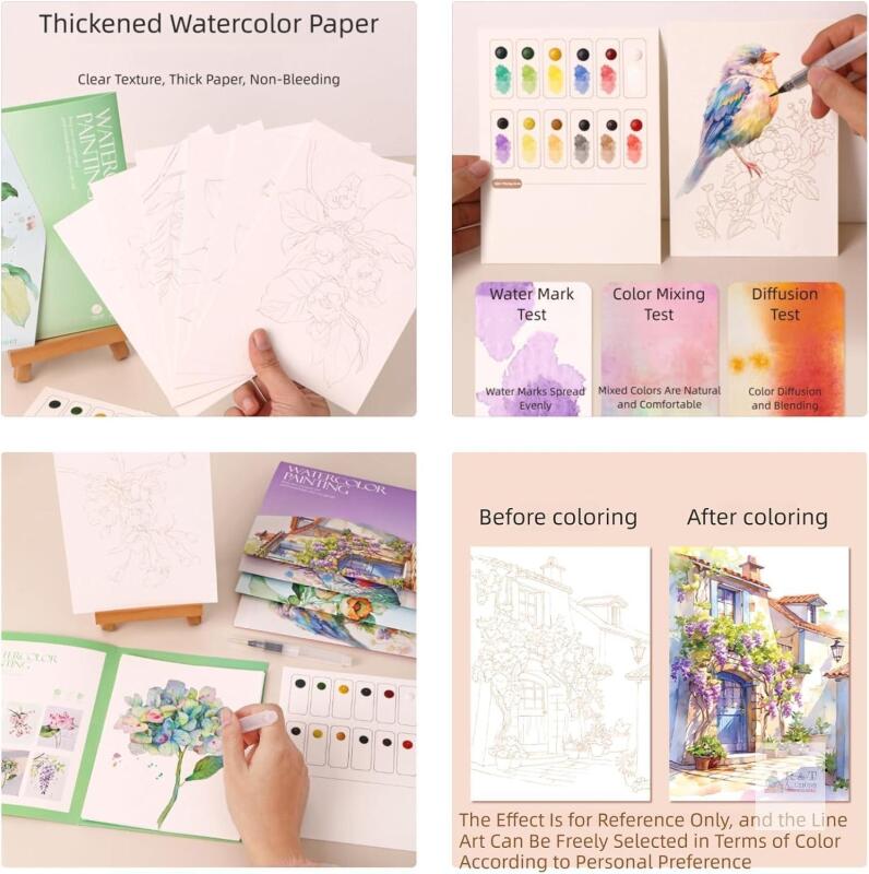 New CozyWeave Watercolor Painting Set for Beginners Alley House Pattern Adult Art Coloring 6 Sheets with Paint Brush