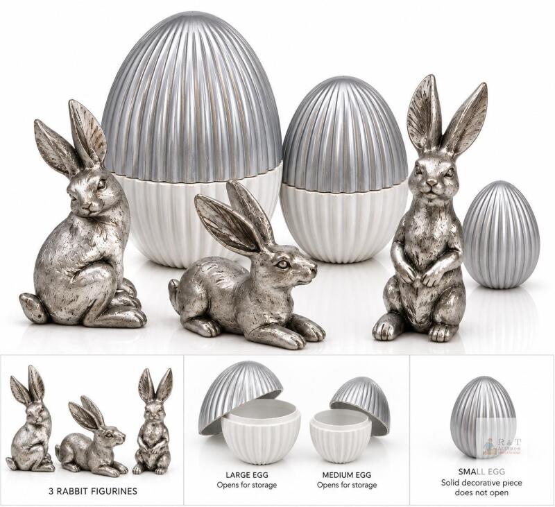 NEW 6-Pc Silver Rabbit & Ribbed Egg D&eacute;cor Set &ndash; 3 Rabbit Figurines & 3 Decorative Eggs, Elegant Home Accent- largest egg approx 6"