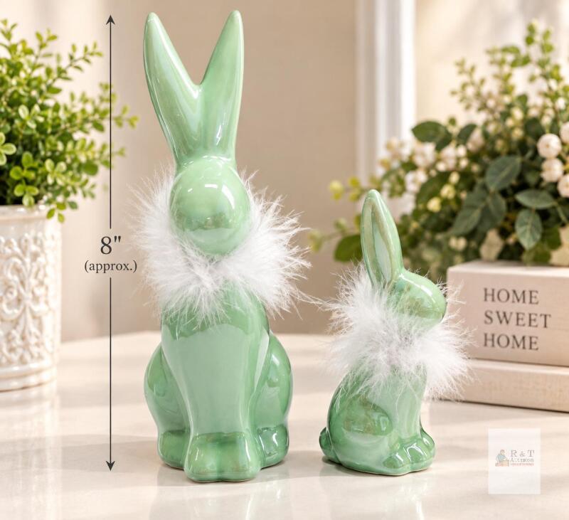 New Set of 2 Mint Green Glazed Ceramic Rabbit Figurines with White Feather Collars &ndash; Tallest 8"