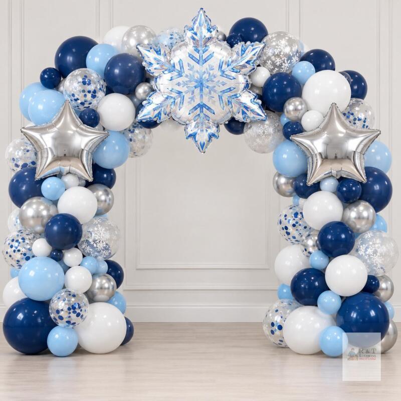 Winter Balloon Arch Kit &ndash; Approx. 100 Balloons, Two 17" Silver Foil Balloons & One 28" Snowflake Balloon-style may vary slightly