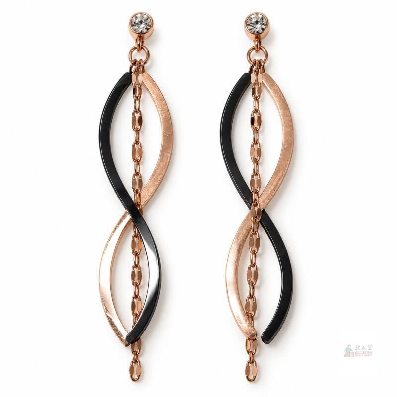 NEW COOLSTEELANDBEYOND Two-Tone Rose Gold & Black Infinity Drop Earrings with Rhinestone Studs