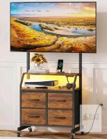 NEW GYIYIYUO Rolling TV Stand, Mount for 32-75" TVs, 4 Fabric Drawers, Brown, Wheels, Power Outlets