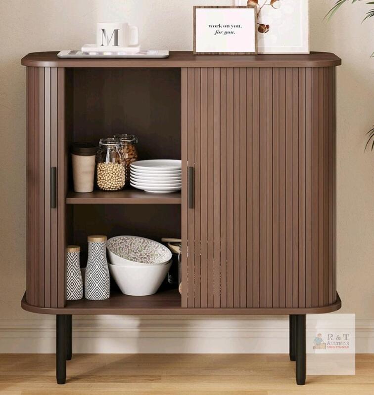 NEW Vabches 31.5" Sideboard Buffet Cabinet, Sliding Tambour Doors, Adjustable Shelf, Rustic Brown