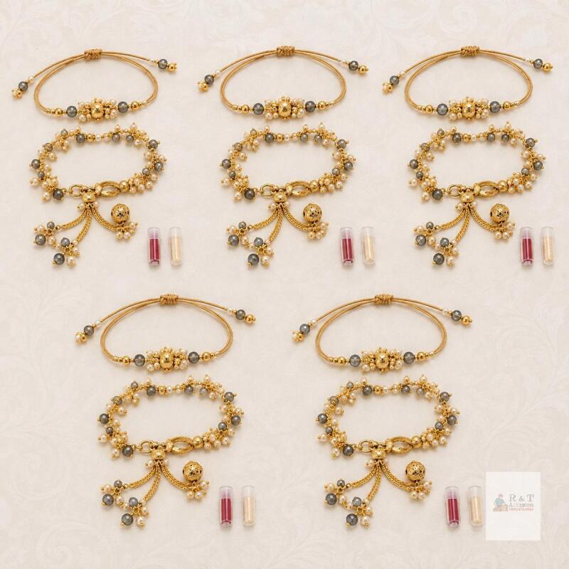5 NEW Bhaiya Bhabhi Rakhi & Lumba Bracelet Sets with Kumkum and Rice -each set individually packaged
